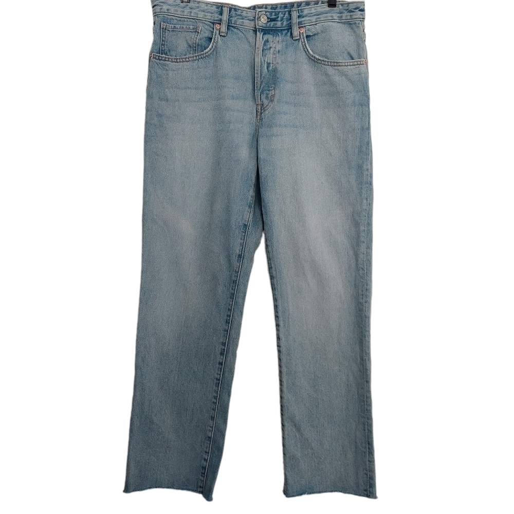 H&M &Denim Button‎ Fly l Straight Fit High Waist Raw Hem Jeans Size 33 Cotton.